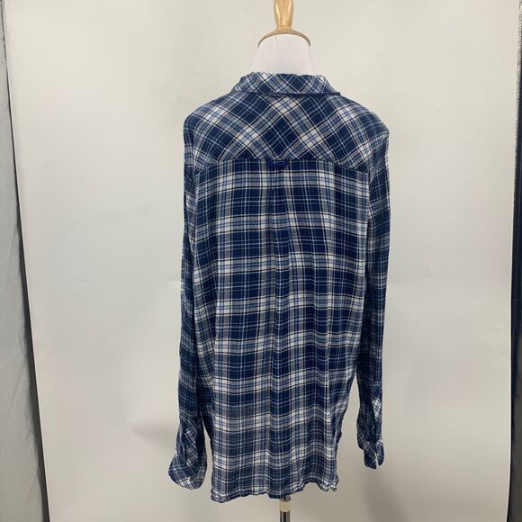 Kut From The Kloth Shirt Womens XXL Blue Plaid Flannel Snap Button Tap Sleeve - Picture 6 of 11